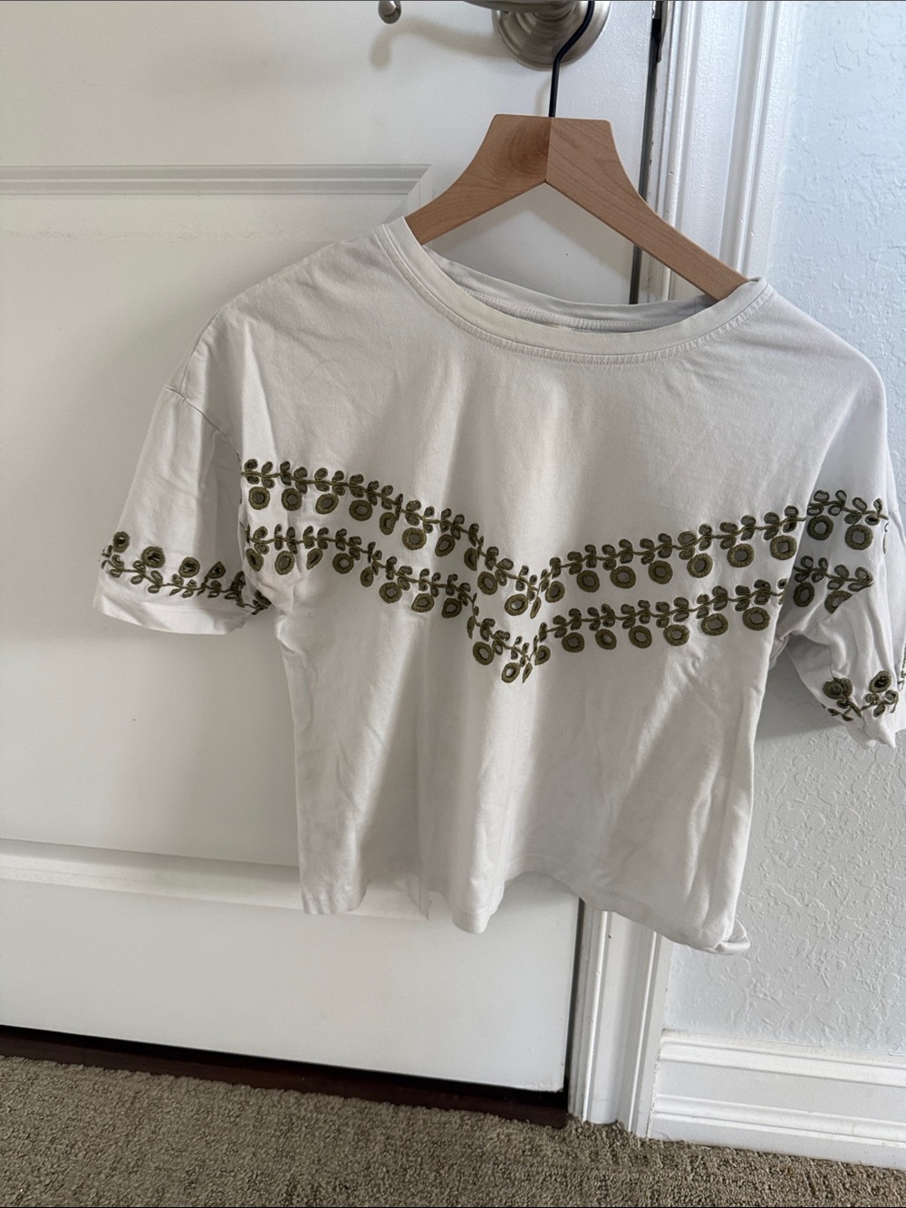 NAF NAF White Crop Tee with Olive Embroidery